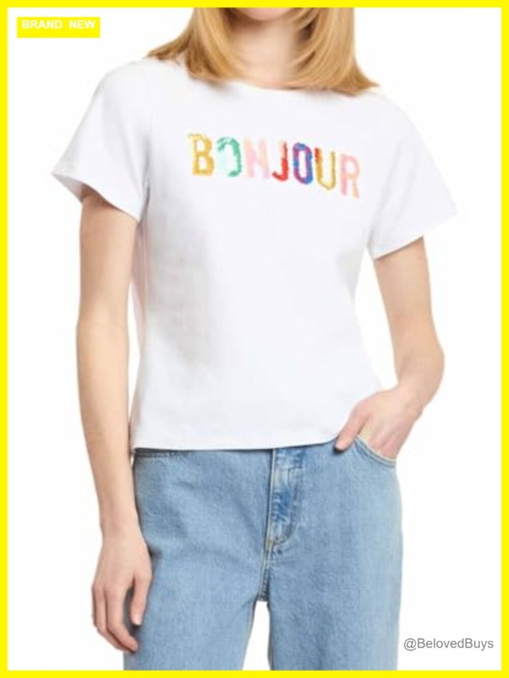 Cinq à Sept Bonjour Scribble Shrunken Tee Crewneck Embroidered Graphic Slim Fit